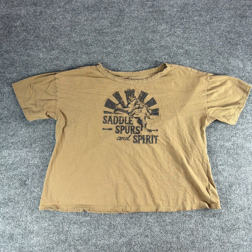 Miss Me Saddle Spurs and Spirit Graphic T-Shirt Tan Western Horse Crop Top L
